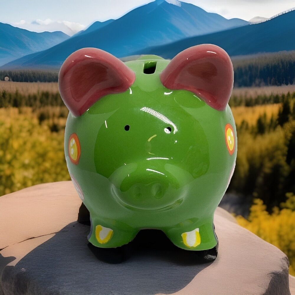 🔥🔥🔥VINTAGE PIG‎ PIGGY BANK GREEN WITH POLKA DOTS VGC COIN STORAGE